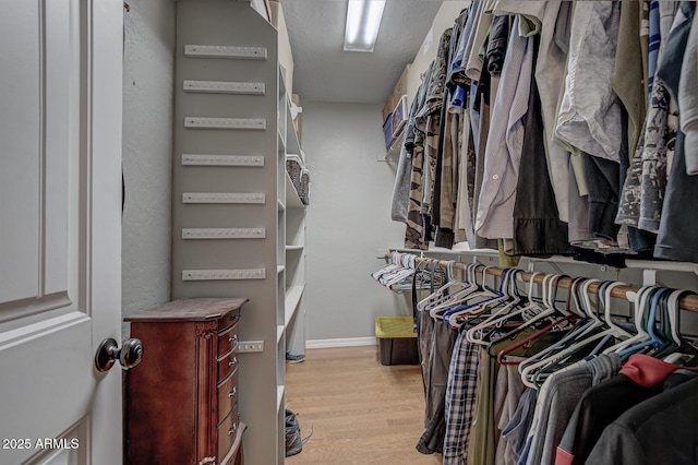 walk in closet with light hardwood / wood-style flooring