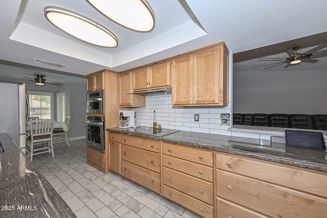 kitchen featuring marble finish floor, stainless steel appliances, a raised ceiling, a ceiling fan, and dark stone counters