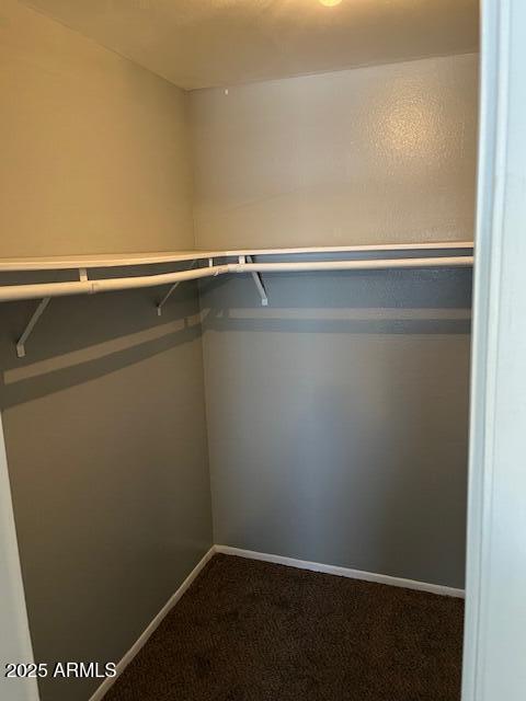 walk in closet featuring dark colored carpet