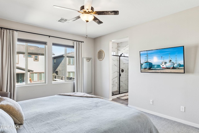 carpeted bedroom featuring ceiling fan and connected bathroom