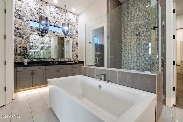 26690 N 119th St, Scottsdale, AZ 85262 - bathroom with a washtub, a stall shower, tile patterned flooring, and vanity