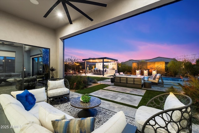 26690 N 119th St, Scottsdale, AZ 85262 - view of patio with a ceiling fan, an outdoor pool, outdoor lounge area, and outdoor dining space