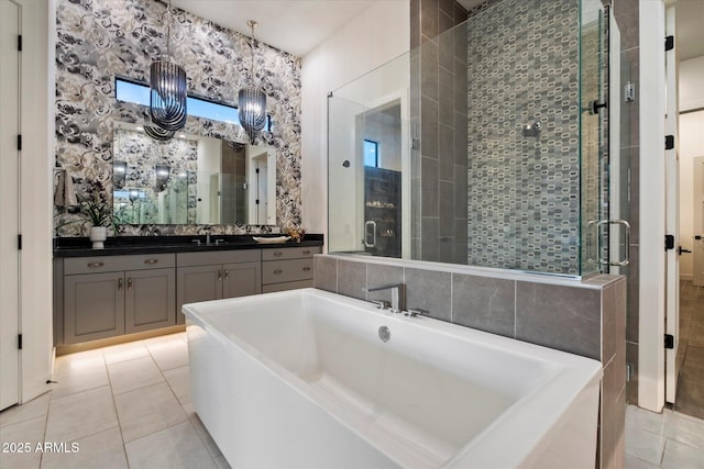 26690 N 119th St, Scottsdale, AZ 85262 - bathroom featuring a stall shower, tile patterned floors, vanity, and a freestanding bath
