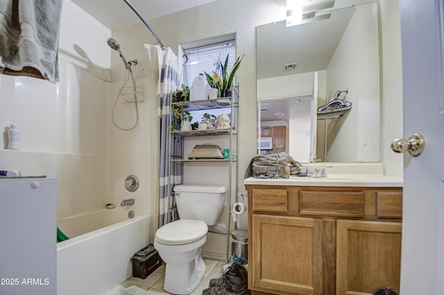 bathroom featuring visible vents, toilet, vanity, and shower / bathtub combination with curtain