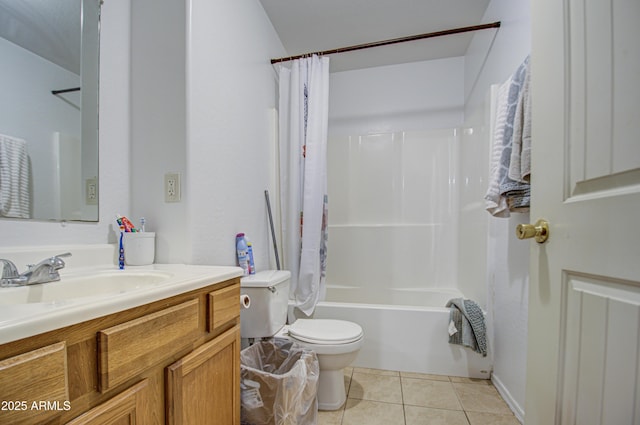 full bath with tile patterned flooring, toilet, vanity, and shower / tub combo