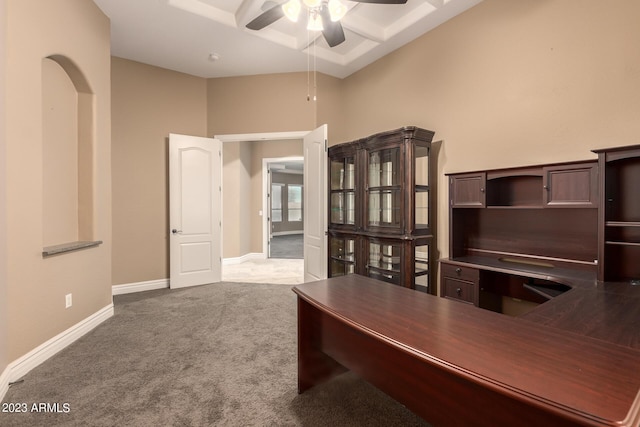 office with coffered ceiling, carpet flooring, a ceiling fan, and baseboards