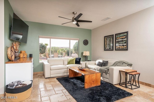 living room with ceiling fan