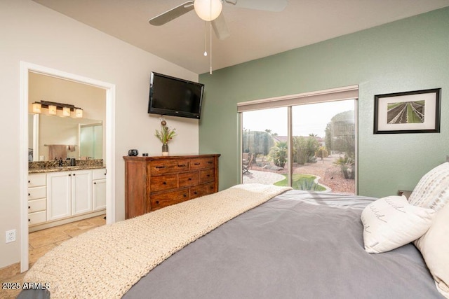 bedroom featuring ceiling fan, connected bathroom, and access to outside