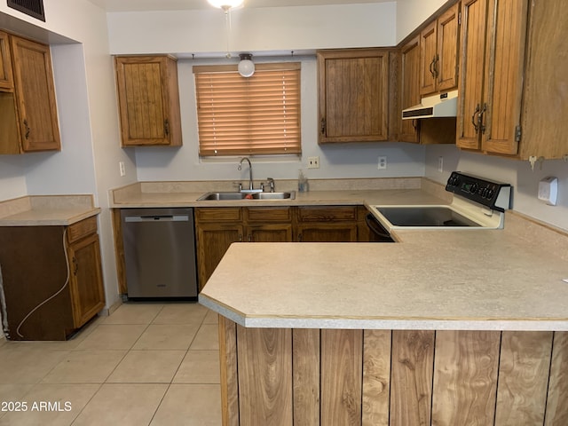 108 E Jasmine St, Mesa, AZ 85201 - kitchen with stainless steel dishwasher, under cabinet range hood, electric range, a sink, and brown cabinets