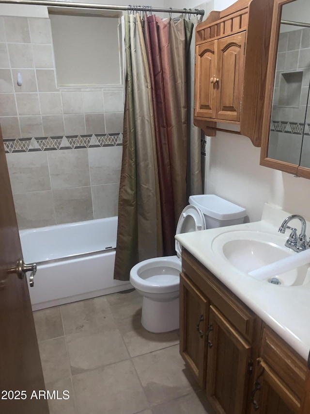 108 E Jasmine St, Mesa, AZ 85201 - bathroom featuring toilet, shower / bathtub combination with curtain, vanity, and tile patterned floors