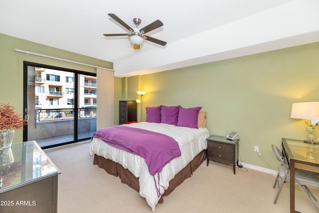 bedroom with ceiling fan, access to exterior, and light carpet