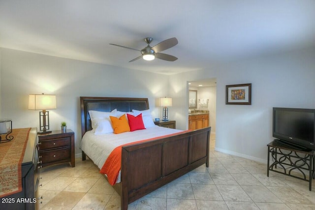 bedroom featuring connected bathroom and ceiling fan