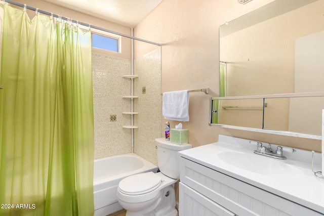 full bathroom with vanity, toilet, and shower / bathtub combination with curtain