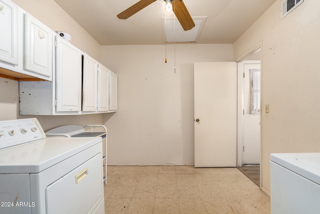 laundry area featuring washer and dryer, ceiling fan, and cabinets