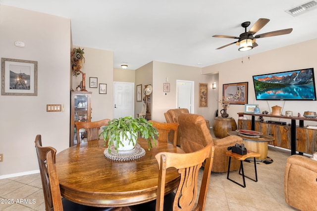 dining space featuring light tile patterned floors, visible vents, and a ceiling fan