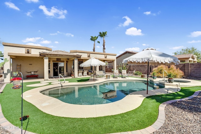 view of swimming pool featuring a fenced in pool, a fenced backyard, and a patio area