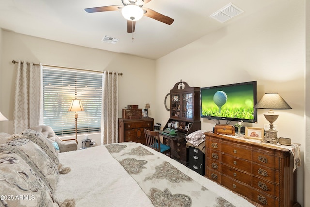 bedroom featuring a ceiling fan and visible vents