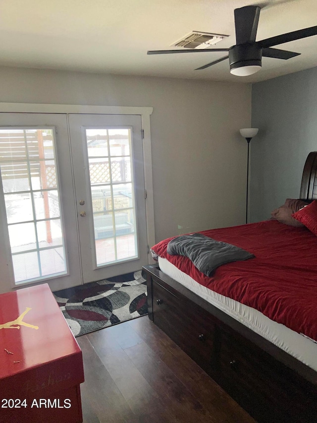 bedroom with french doors, wood-type flooring, and ceiling fan