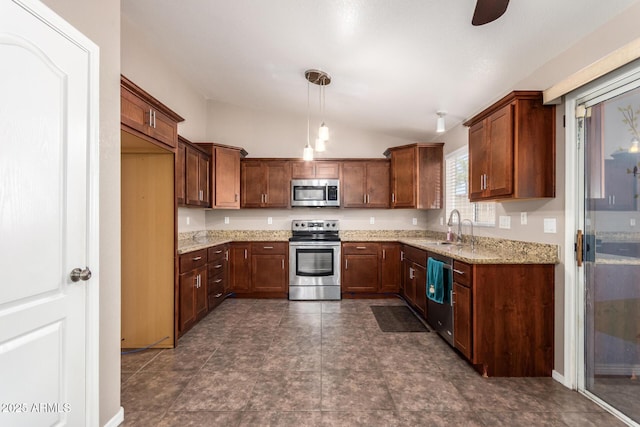 11352 E Dartmouth St, Mesa, AZ 85207 - kitchen with appliances with stainless steel finishes, lofted ceiling, light stone counters, decorative light fixtures, and ceiling fan