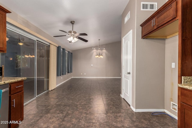 11352 E Dartmouth St, Mesa, AZ 85207 - kitchen featuring a ceiling fan, vaulted ceiling, dishwasher, light stone countertops, and dark tile patterned floors