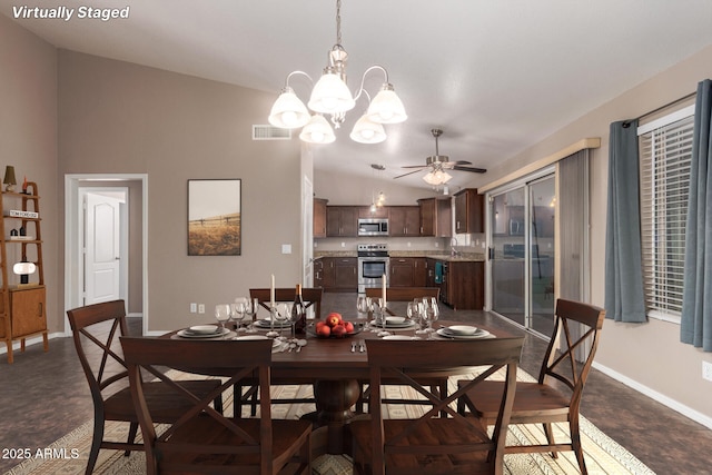 11352 E Dartmouth St, Mesa, AZ 85207 - dining space with a ceiling fan, vaulted ceiling, and a chandelier