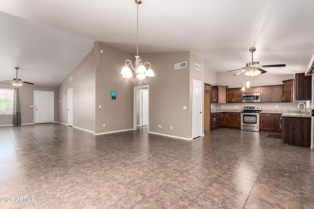 11352 E Dartmouth St, Mesa, AZ 85207 - unfurnished living room featuring a ceiling fan, high vaulted ceiling, and a chandelier