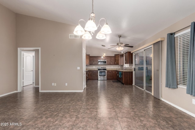 11352 E Dartmouth St, Mesa, AZ 85207 - kitchen with appliances with stainless steel finishes, light countertops, a ceiling fan, a chandelier, and open floor plan