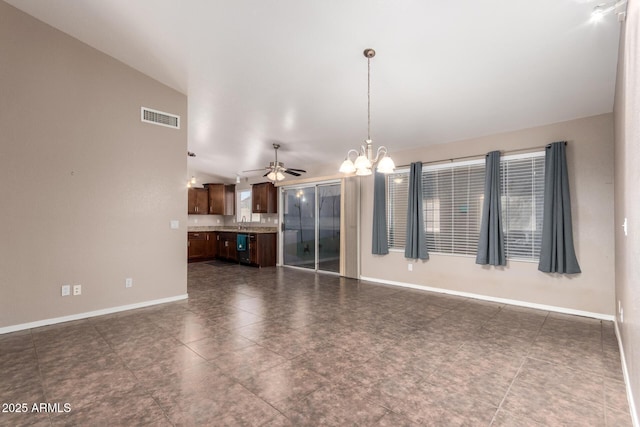11352 E Dartmouth St, Mesa, AZ 85207 - unfurnished living room with a chandelier, a ceiling fan, and lofted ceiling