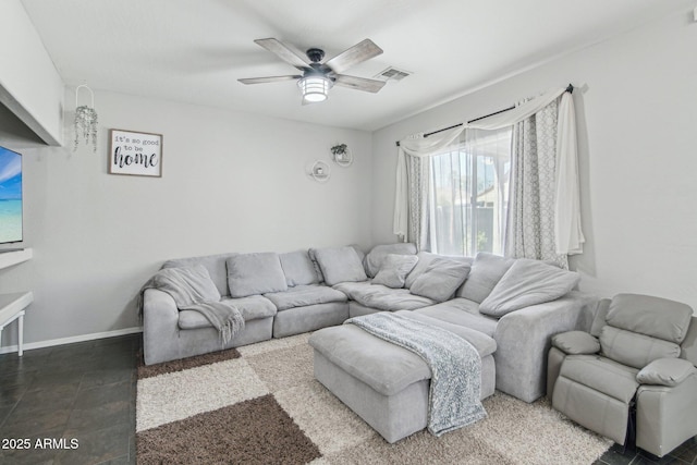 living area with ceiling fan, visible vents, and baseboards