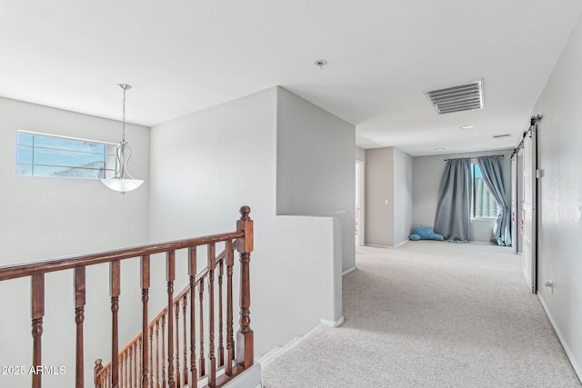 hallway with plenty of natural light, a barn door, visible vents, an upstairs landing, and carpet floors