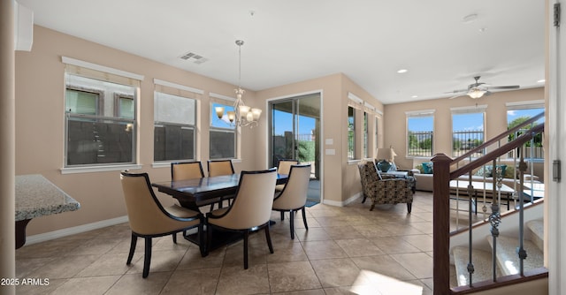 dining space featuring baseboards, a chandelier, stairs, light tile patterned floors, and recessed lighting