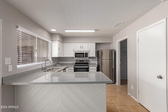 kitchen featuring appliances with stainless steel finishes, white cabinetry, kitchen peninsula, light tile patterned floors, and sink