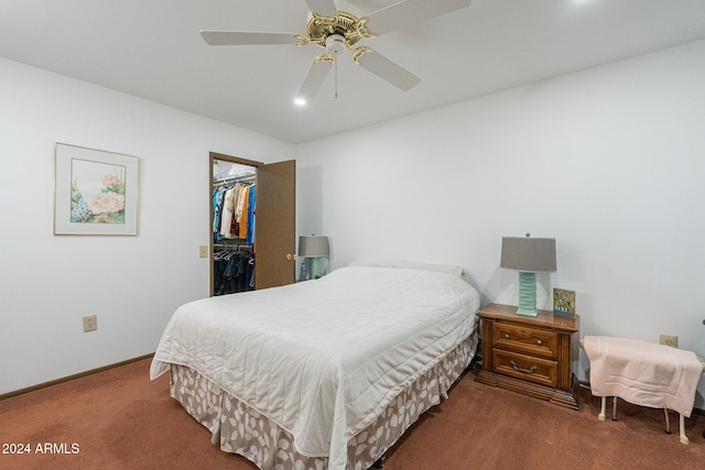 bedroom with ceiling fan, a closet, and carpet