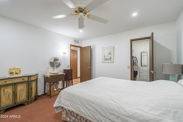 bedroom featuring ceiling fan, carpet floors, a closet, and a walk in closet