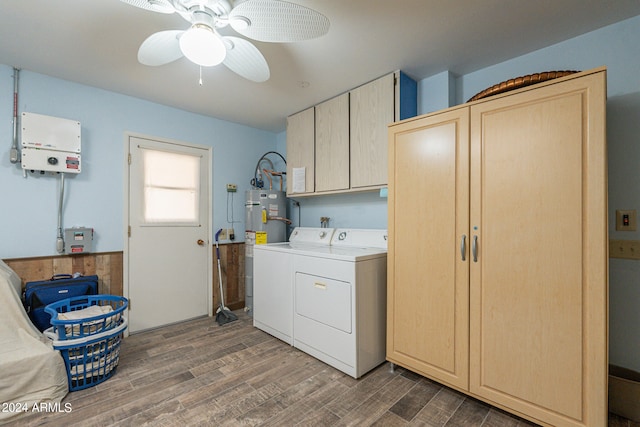 washroom with ceiling fan, cabinets, dark hardwood / wood-style flooring, and washing machine and clothes dryer