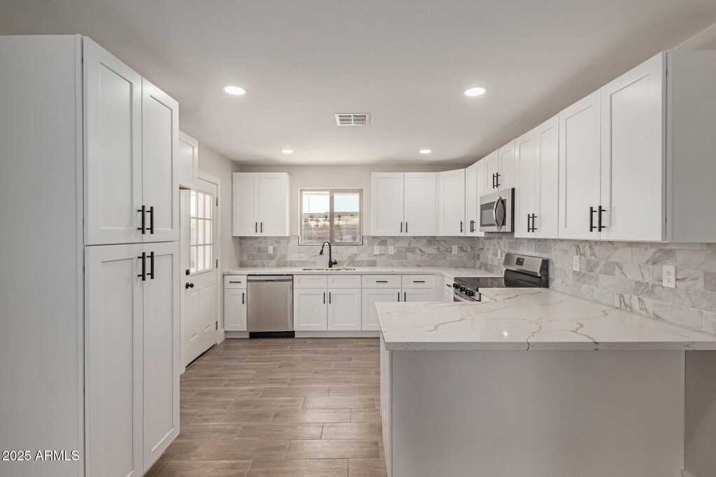 119 E Hampton Ave, Mesa, AZ 85210 - kitchen with a peninsula, visible vents, appliances with stainless steel finishes, light stone counters, and a sink