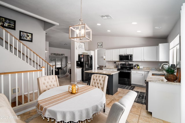dining room with visible vents, an inviting chandelier, stairs, lofted ceiling, and recessed lighting