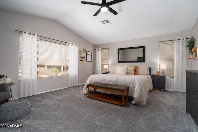 bedroom with visible vents, a ceiling fan, lofted ceiling, baseboards, and carpet flooring