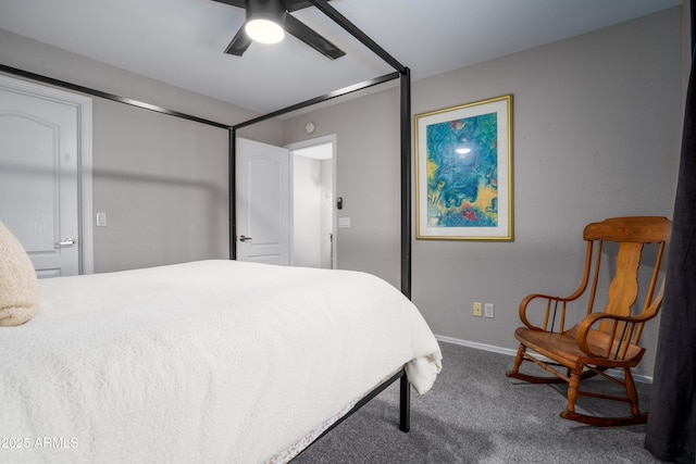 bedroom with carpet floors, baseboards, and a ceiling fan