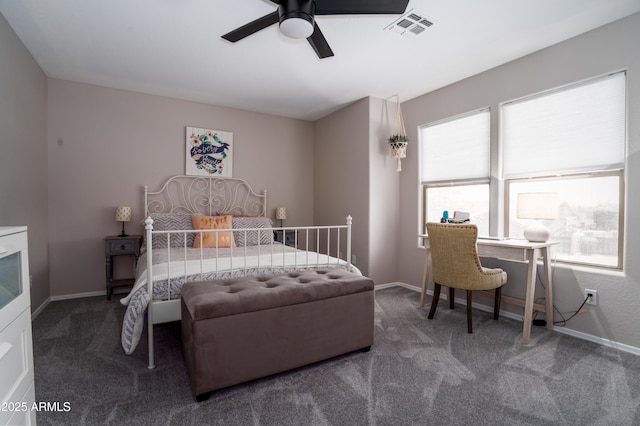 bedroom featuring carpet flooring, baseboards, visible vents, and ceiling fan