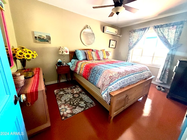 bedroom featuring an AC wall unit and ceiling fan