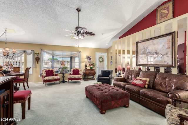 living room featuring light carpet, vaulted ceiling, a textured ceiling, and ceiling fan with notable chandelier