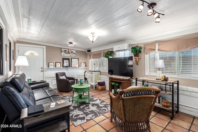 living room with a textured ceiling, crown molding, light tile patterned flooring, and a wall mounted AC