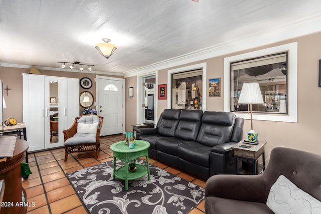 living room with crown molding, light tile patterned flooring, and track lighting