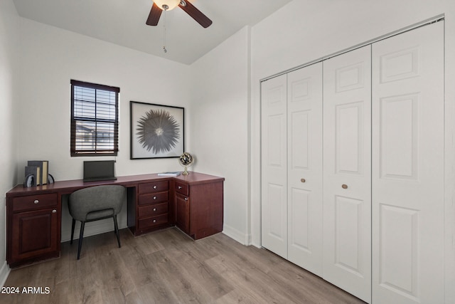 office featuring light hardwood / wood-style flooring and ceiling fan