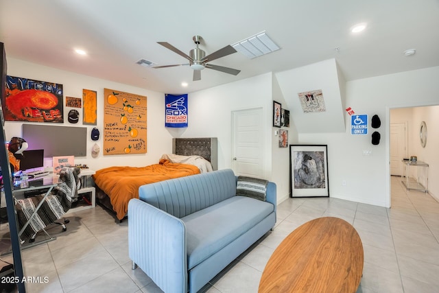 bedroom with light tile patterned floors, visible vents, and recessed lighting