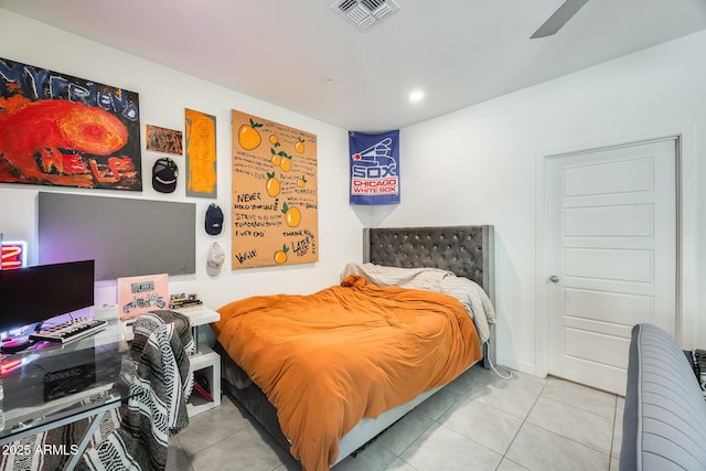 bedroom with tile patterned flooring, visible vents, and recessed lighting