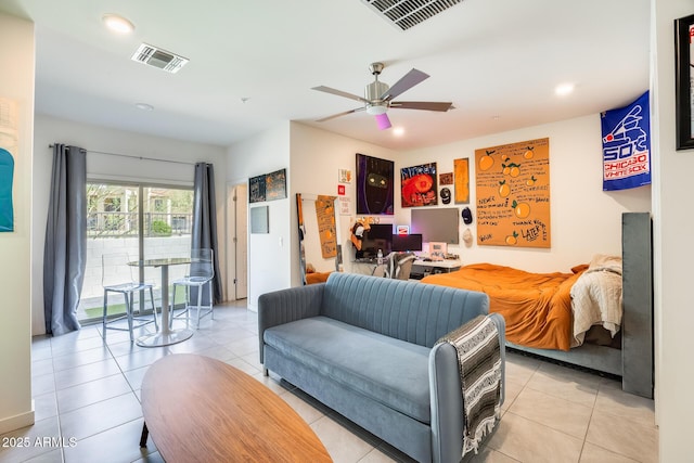 living room with ceiling fan, light tile patterned flooring, visible vents, and recessed lighting