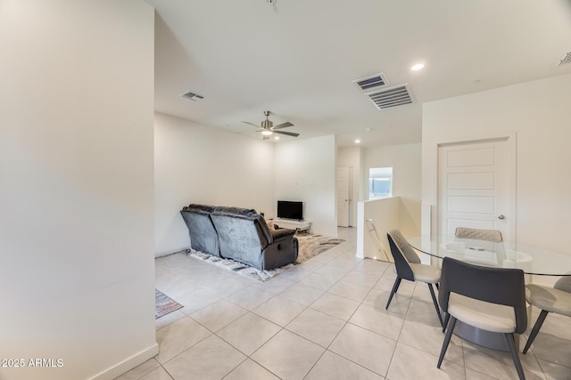 living room with ceiling fan, light tile patterned flooring, visible vents, and recessed lighting