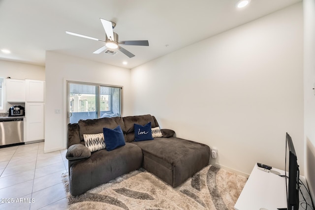 living room with a ceiling fan, recessed lighting, visible vents, and light tile patterned flooring